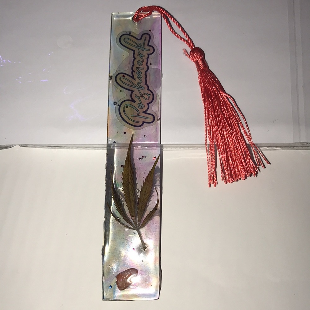 Custom epoxy multi color bookmark w/ Poshmark stickers leaf & shell